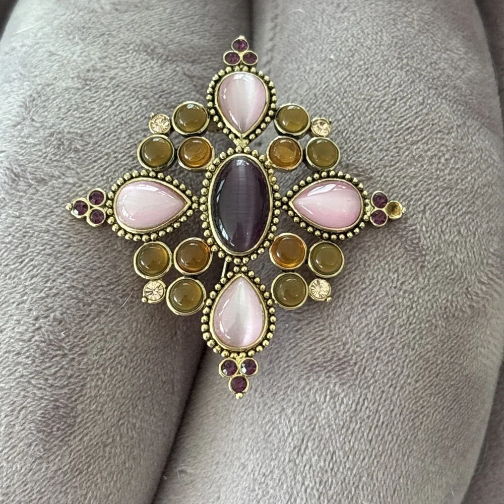 Multicolor Pink Purple Amber Cabochon Gold Brooch Pin Bold Flower Cross Shape